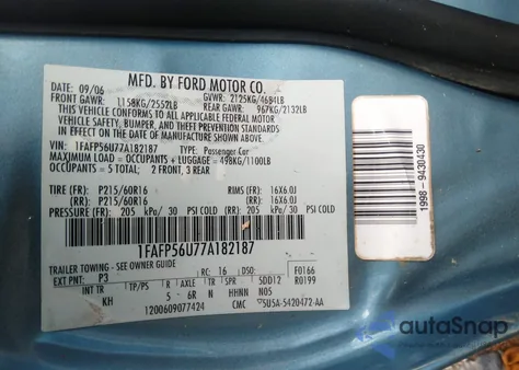 2007 Ford Taurus Sel from USA, damaged, VIN 1FAFP56U77A182187